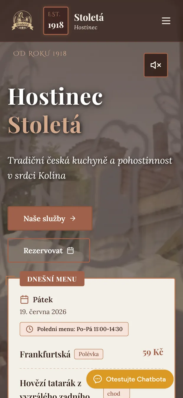 Hostinec Stoletá - web na mobilu